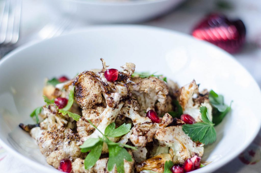 Roasted Cauliflower with Tahini Sauce and Pomegranate Seeds