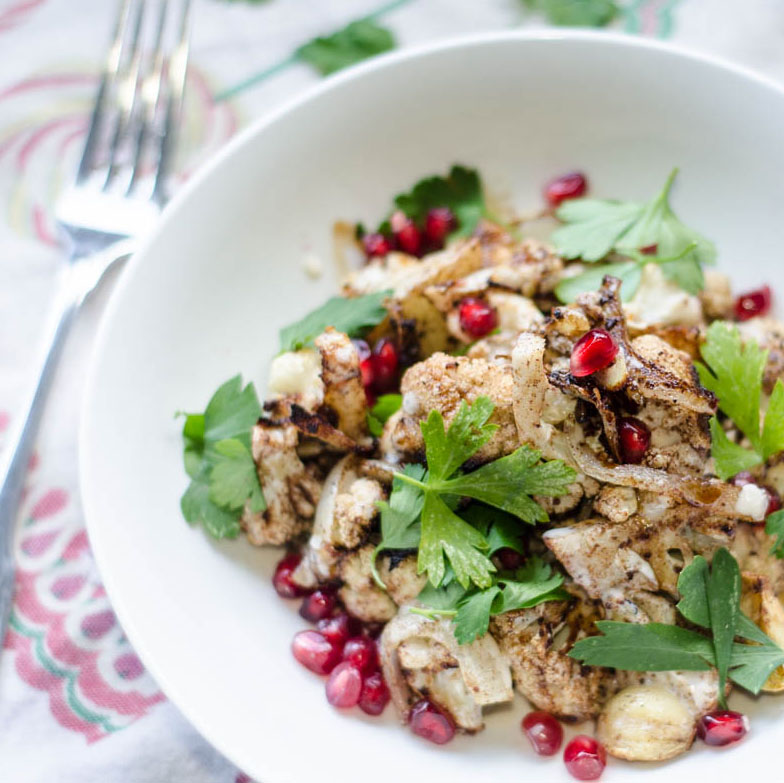 Roasted Cauliflower with Tahini Sauce and Pomegranate