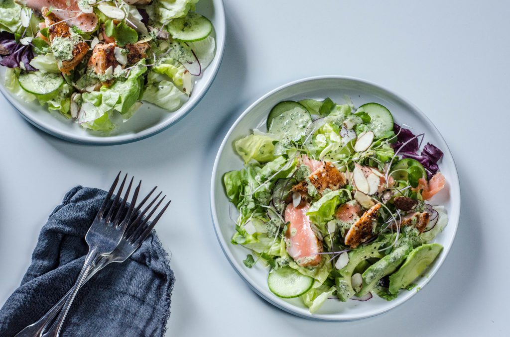 Salmon Salad with Avocado overhead shot