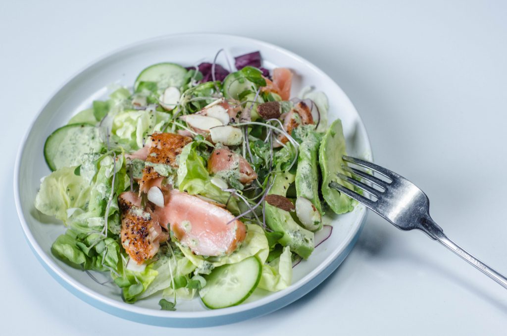 Salmon Salad with Avocado side view