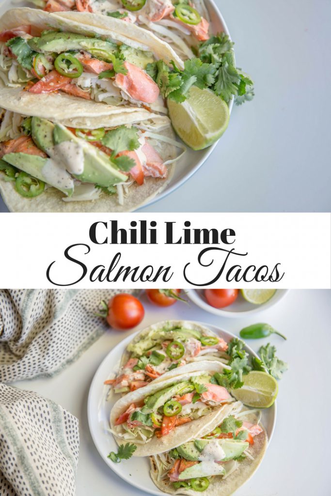 Long vertical image of chili lime tacos with words overlaid for Pinterest