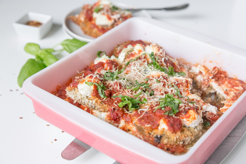 Side view of eggplant parmesan