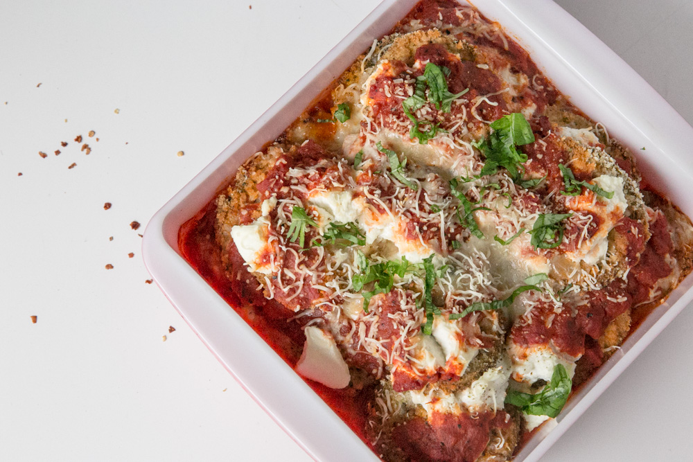 Finished pan of eggplant parmesan