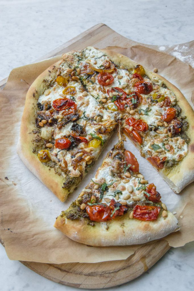 Pesto Pizza with Burrata and Caramelized Onions-7