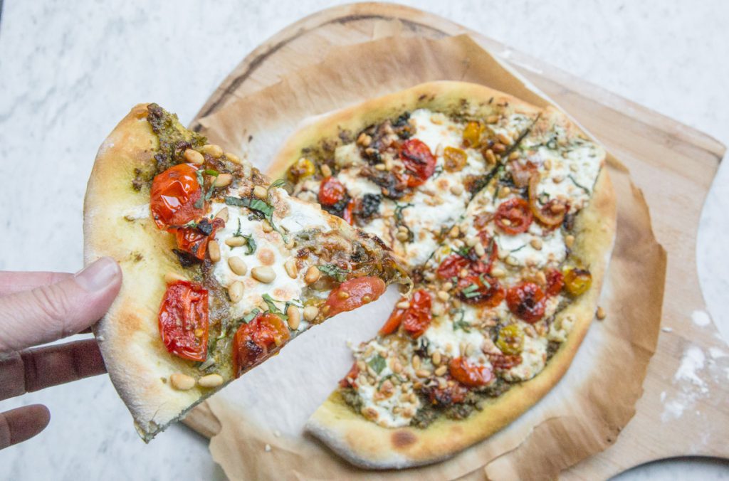 Pesto Pizza with Caramelized Onions and Burrata