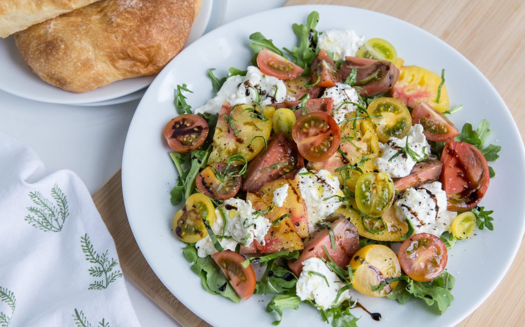 Overhead shot of Burrata Caprese Salad